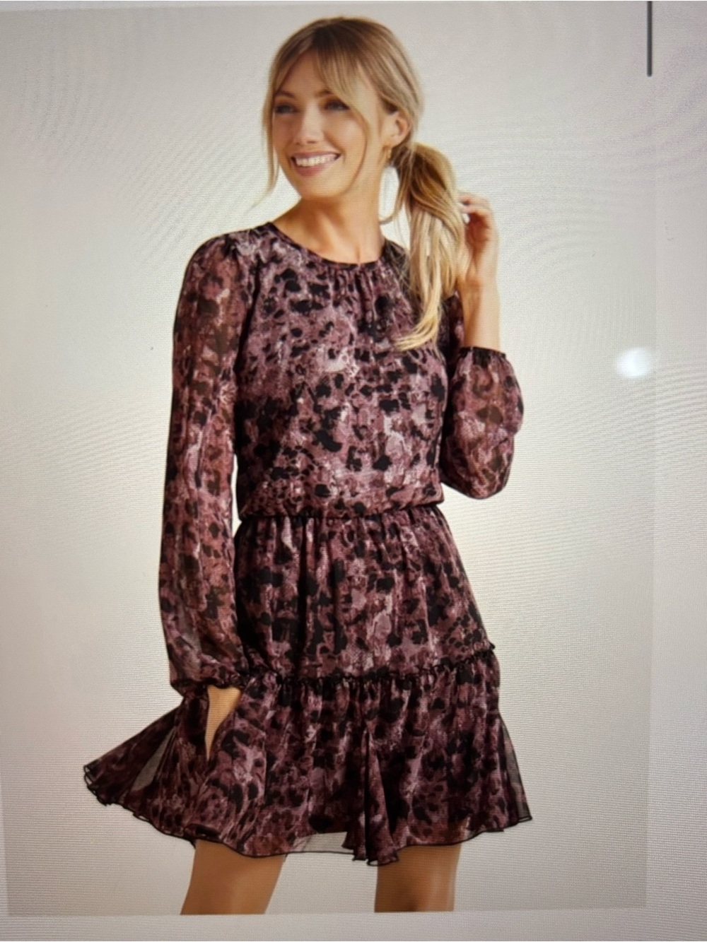 Allison Joy Long Sleeve Floral Print Dress in Mauve and Black